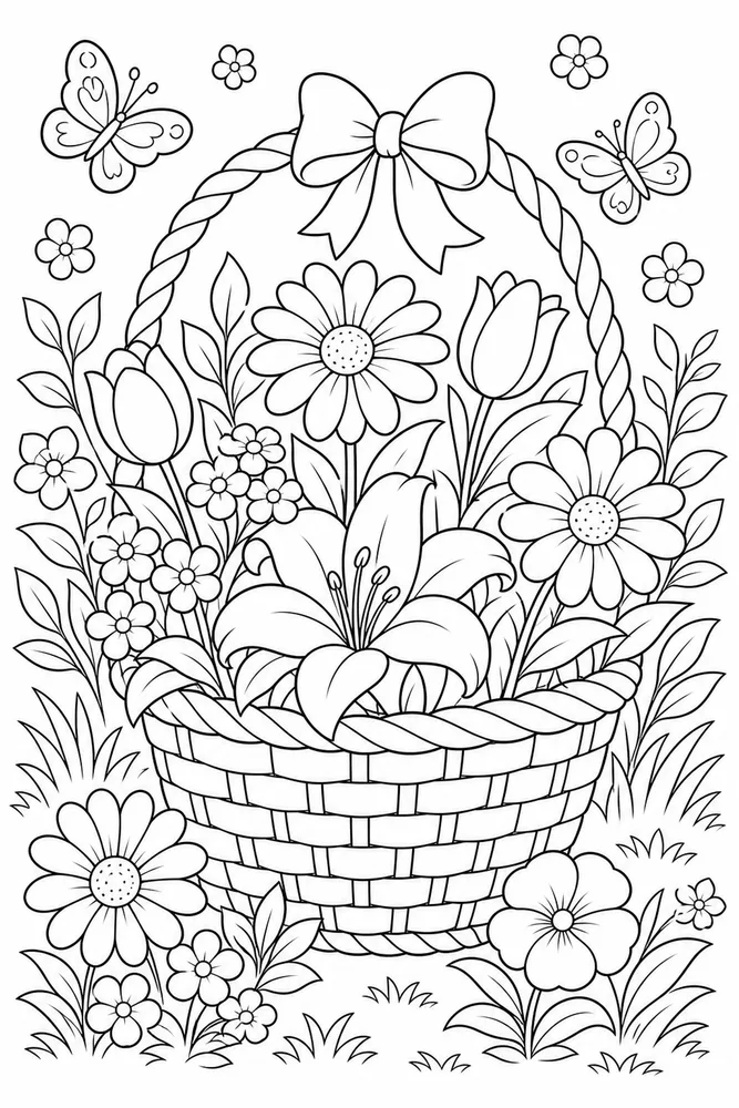 Easy flower basket printable coloring page for kids