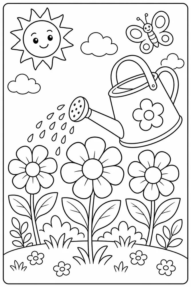 Easy Flower Watering Can coloring page
