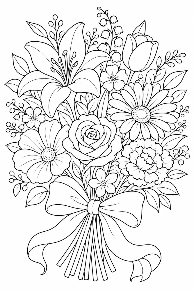 Flower Bouquet Coloring Pages preview: Flower Bouquet Ribbon Bouquet coloring page