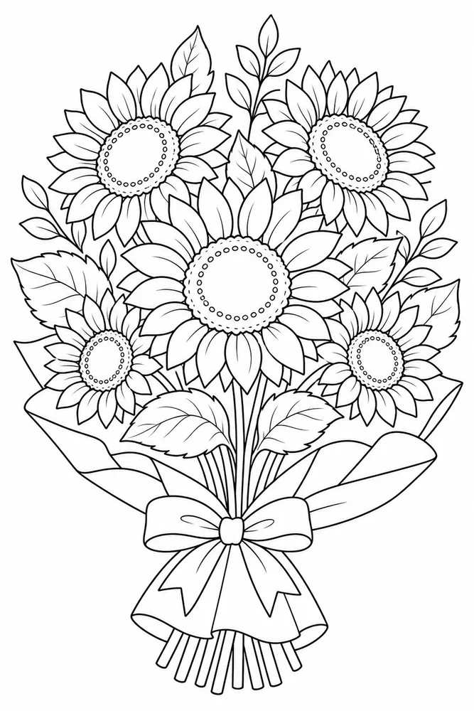 Sunflower bouquet printable flower coloring page