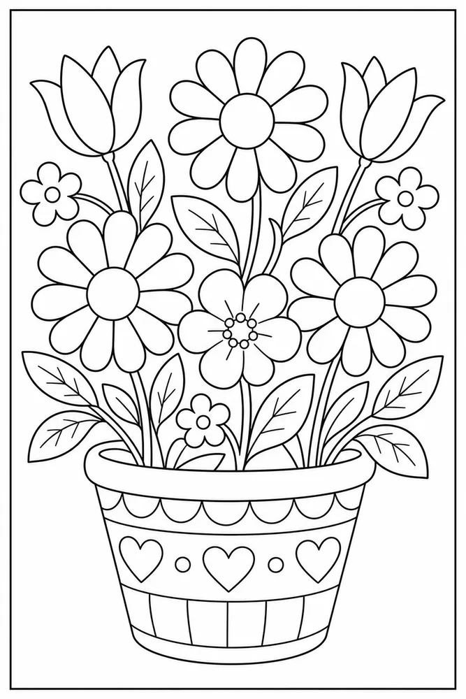 Flower Pot printable flower coloring page for kids