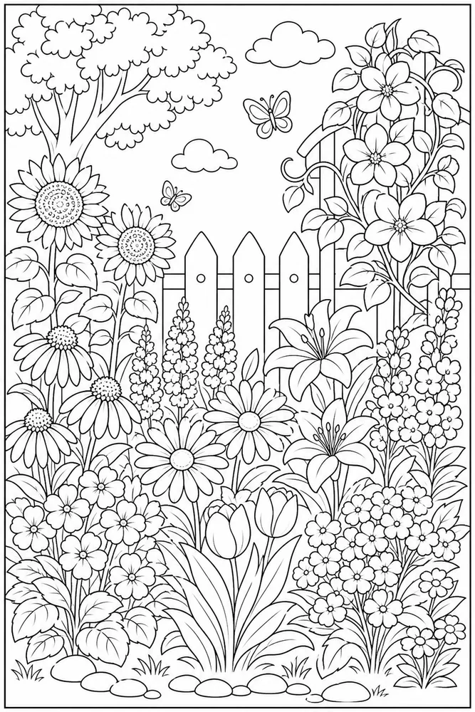 Flower Garden Fence Flowers coloring page