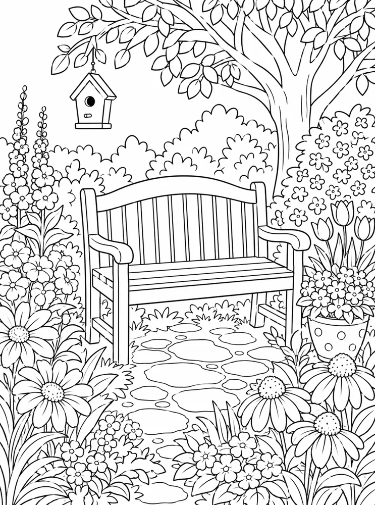 Flower Garden Garden Bench coloring page