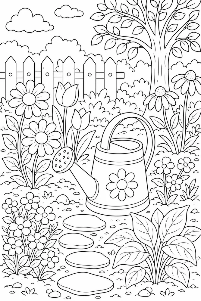 Flower Garden Watering Can Garden coloring page