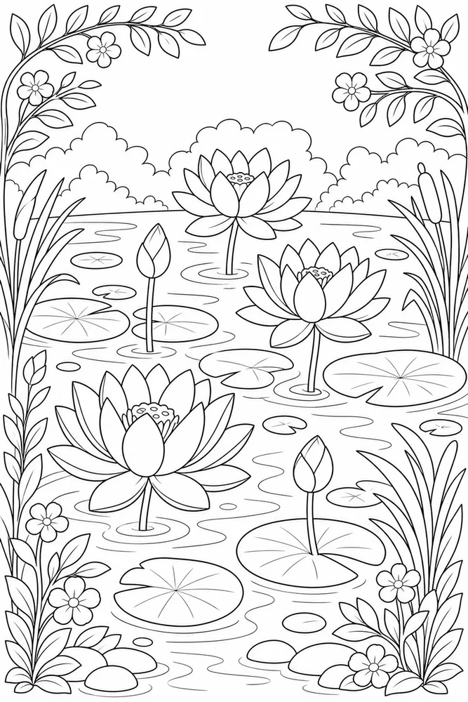 Flower Lotus Pond printable flower coloring page for kids
