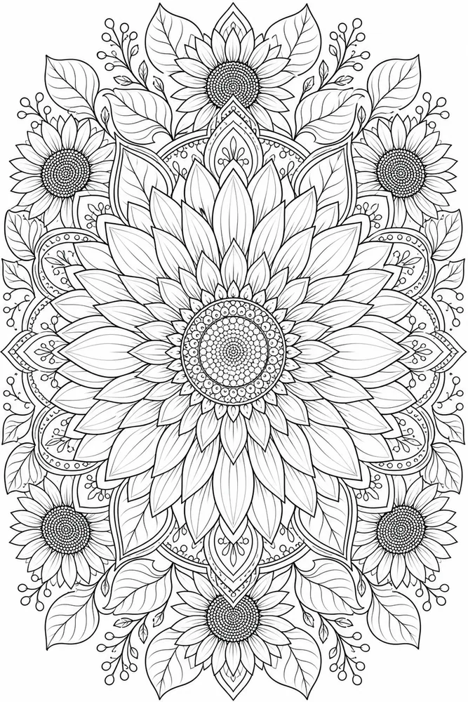 Sunflower mandala printable flower coloring page