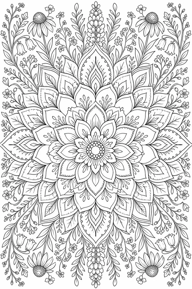 Wildflower mandala printable flower coloring page