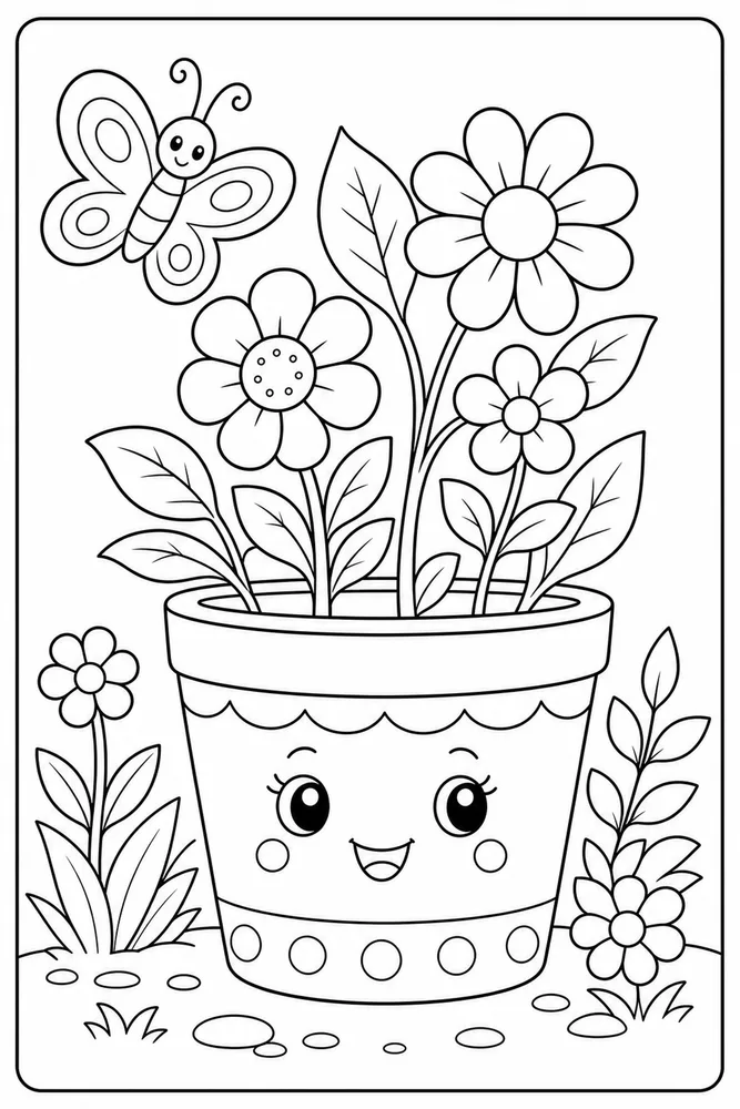 Flower Pot With Butterfly coloring page
