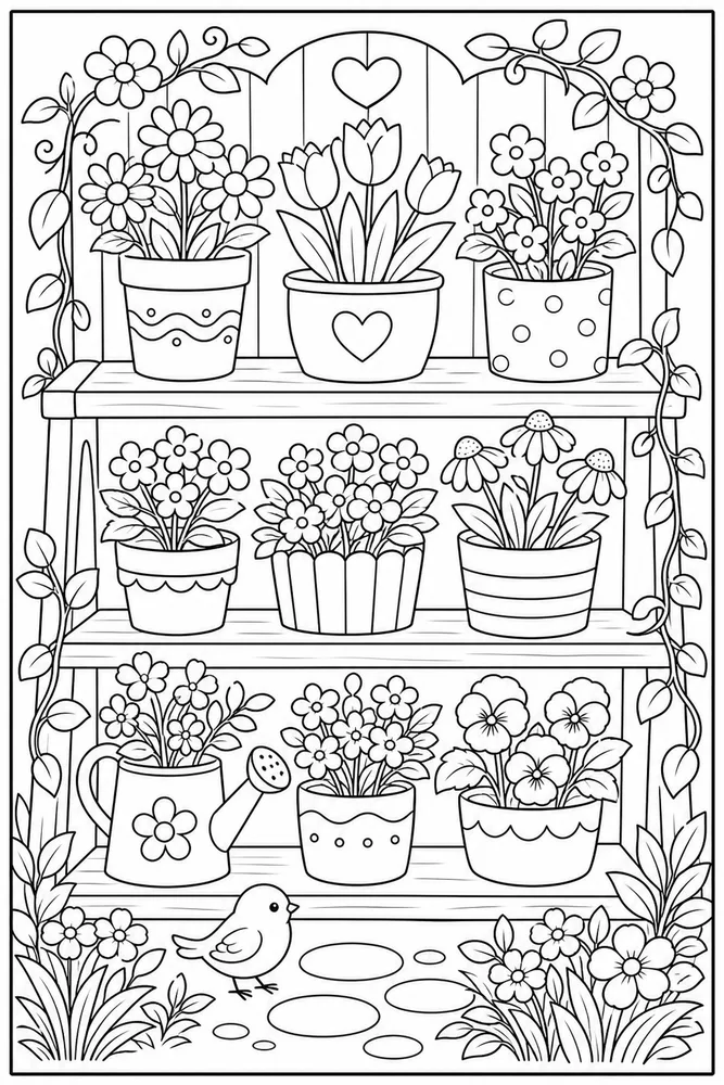 Flower Pot Garden Shelf Pots coloring page