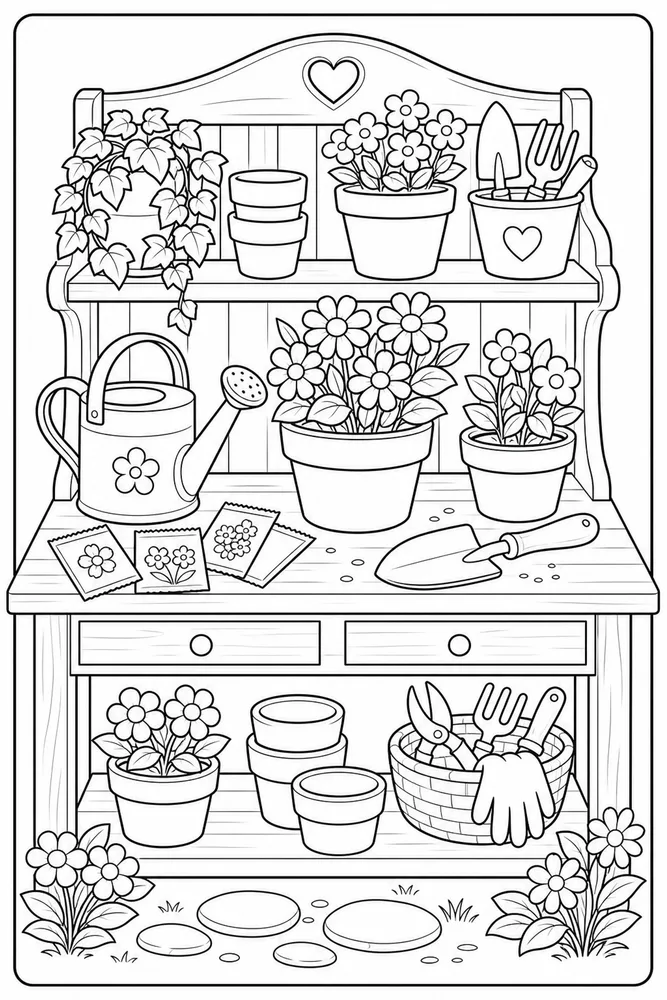 Flower Pot Potting Bench coloring page