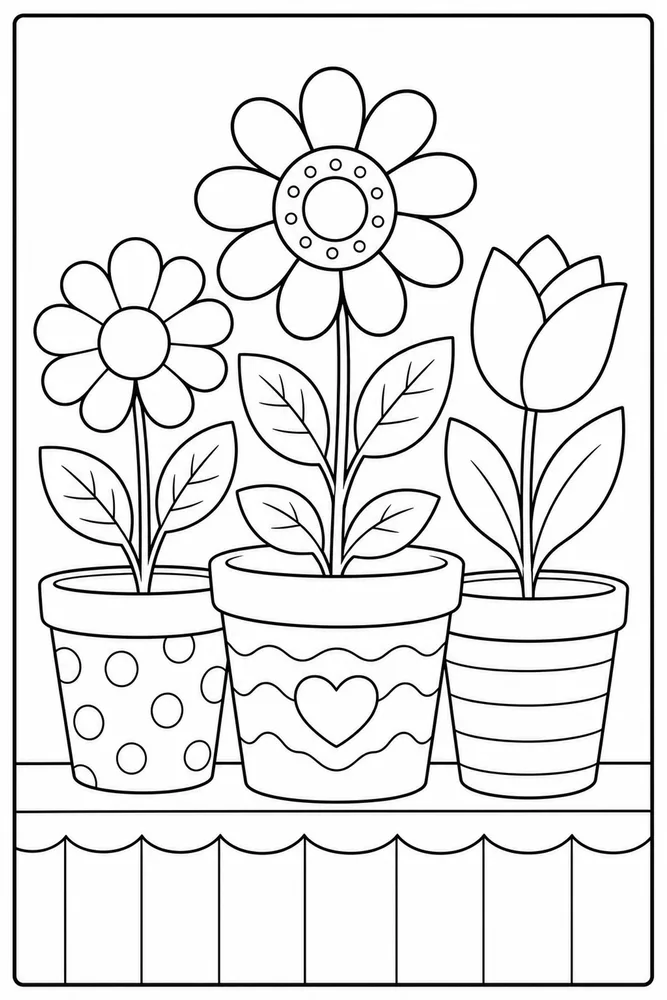Flower Pot Three Potted Flowers coloring page