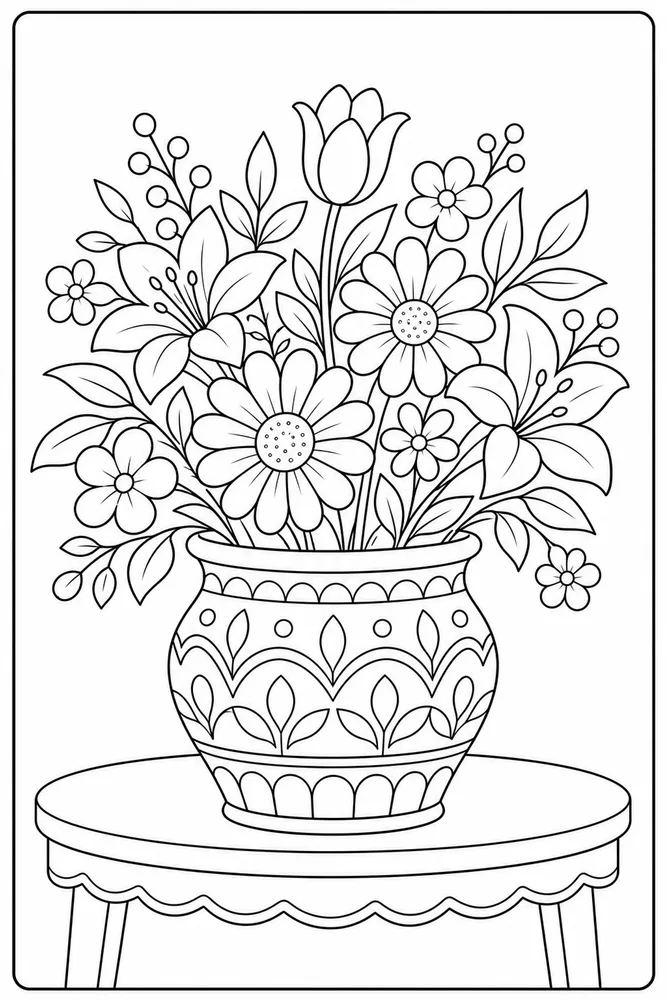 Flower Pot Vase On Table coloring page