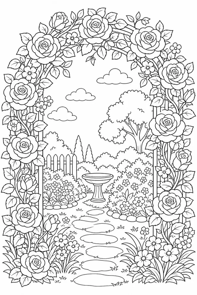Flower Rose Arch printable flower coloring page for kids