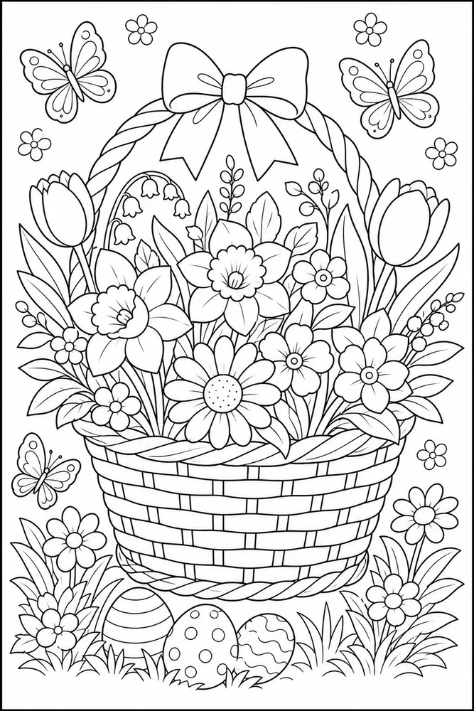 Flower Spring Basket printable flower coloring page for kids