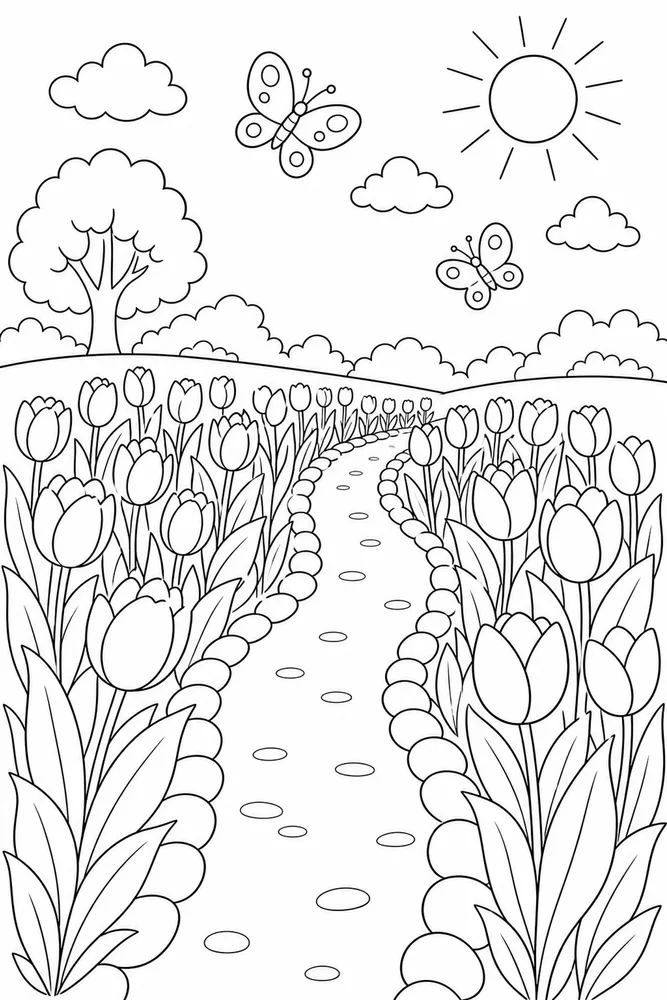Flower Tulip Path printable flower coloring page for kids