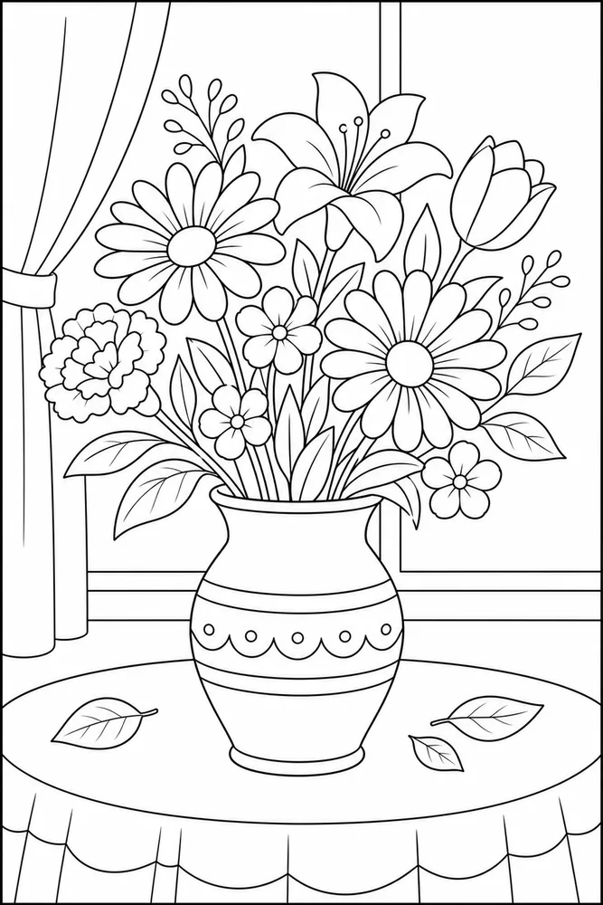 Flower Vase On Table printable flower coloring page for kids