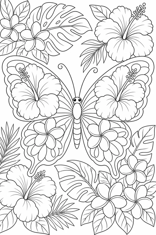 Hawaiian Flower Butterfly Tropical Flower coloring page