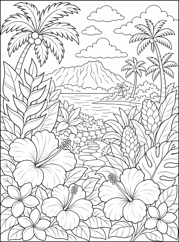 Hawaiian Flower Island Garden coloring page