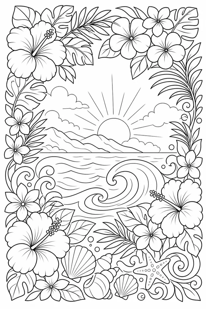 Hawaiian Flower Ocean Border Flowers coloring page