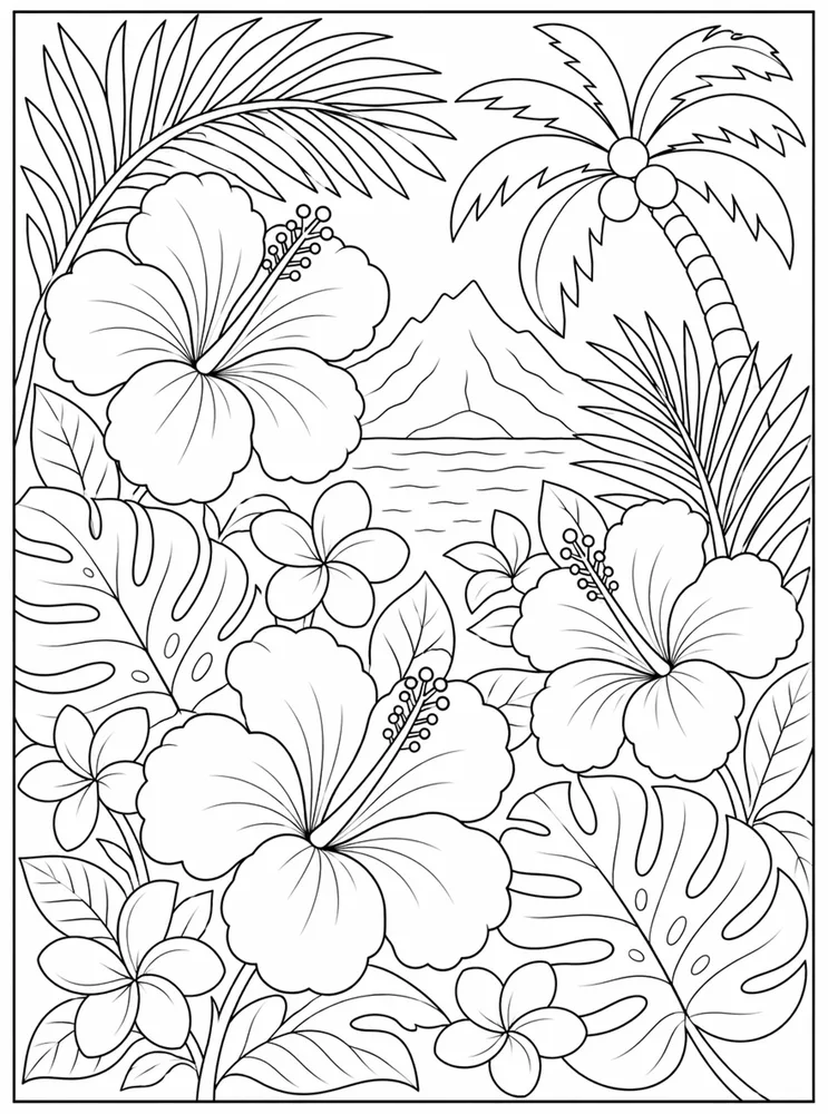 Hawaiian Flower Palm Leaf Flowers coloring page