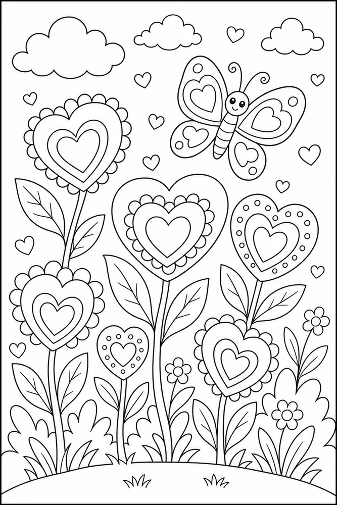 Heart Flower Butterfly Heart Flowers coloring page