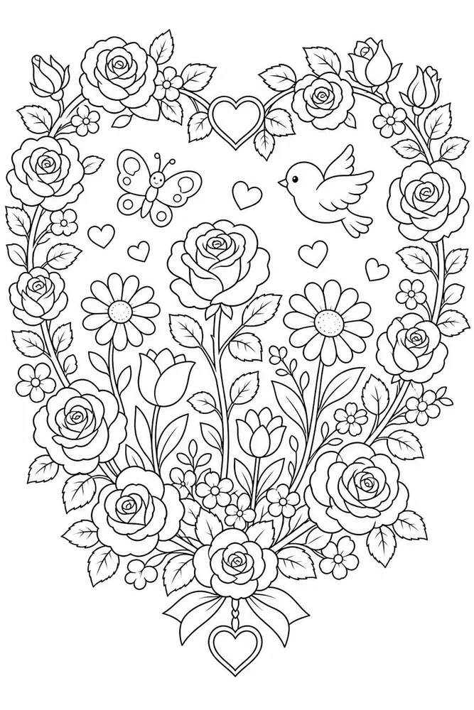 Heart Flower Rose Heart Frame coloring page