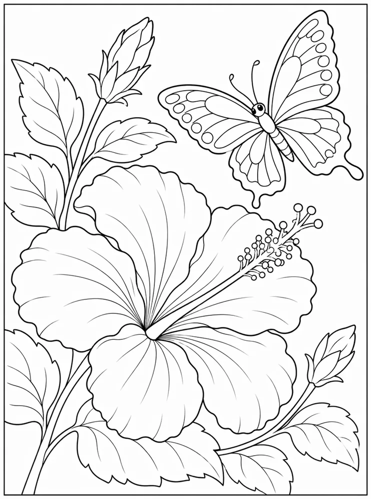 Hibiscus Flower Hibiscus And Butterfly coloring page