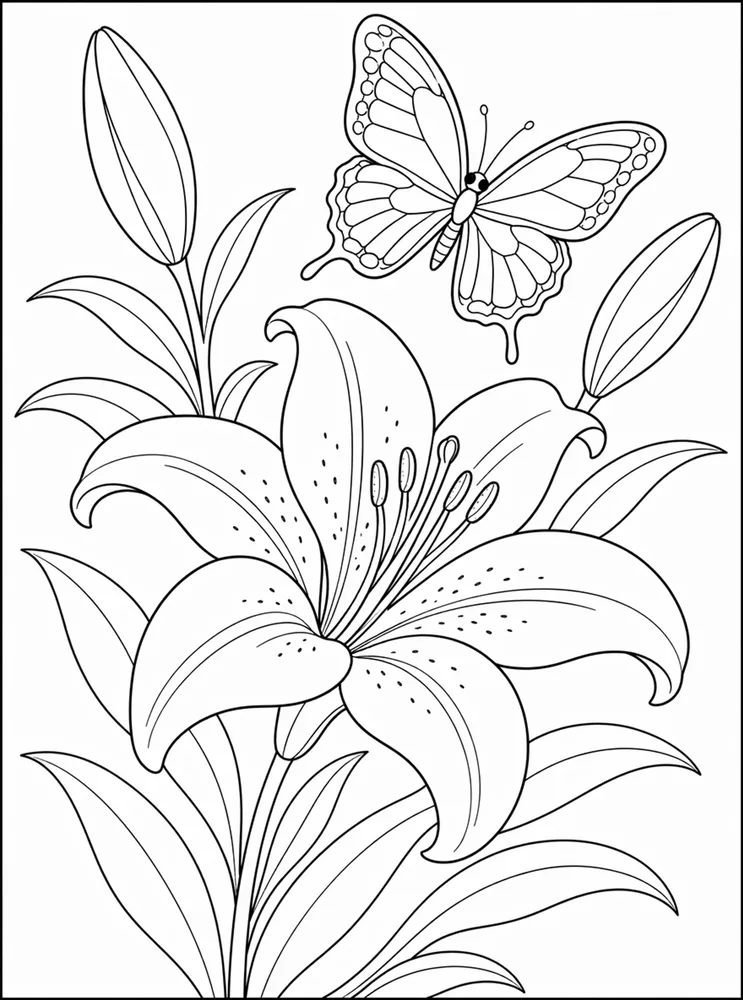 Lily Flower Lily And Butterfly coloring page