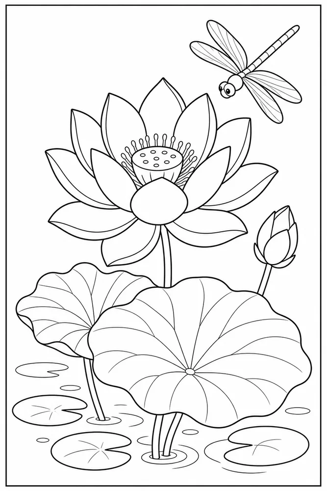 Lotus Flower Lotus And Dragonfly coloring page
