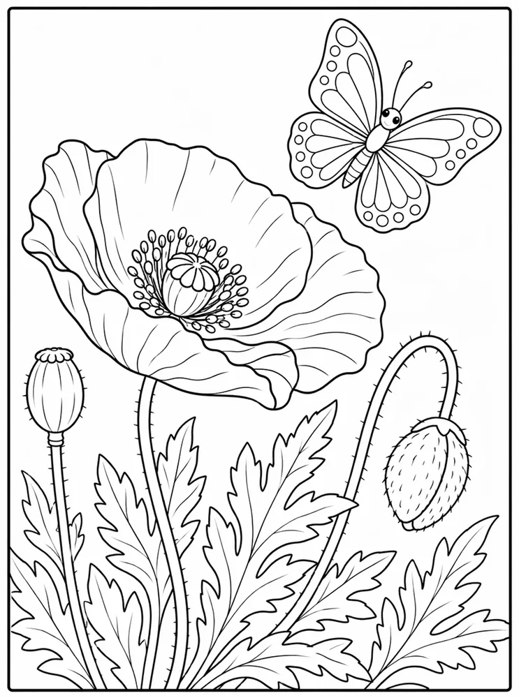 Poppy Flower Poppy And Butterfly coloring page