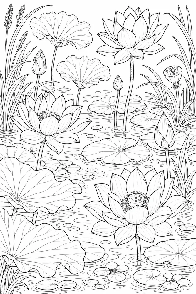 Realistic Flower Lotus Pond coloring page