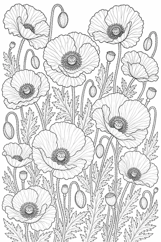 Realistic Flower Poppy Field coloring page