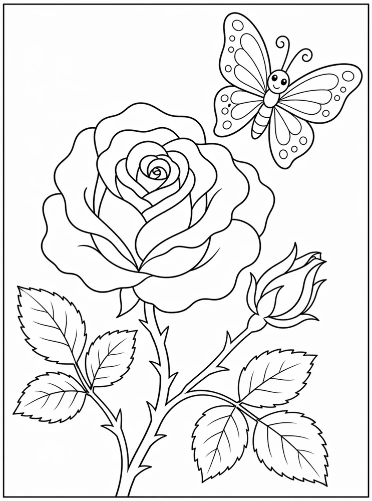 Rose Flower Rose And Butterfly coloring page