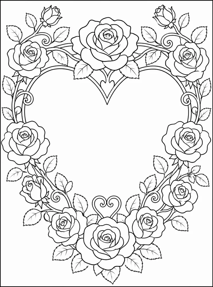 Rose Flower Rose Heart Frame coloring page