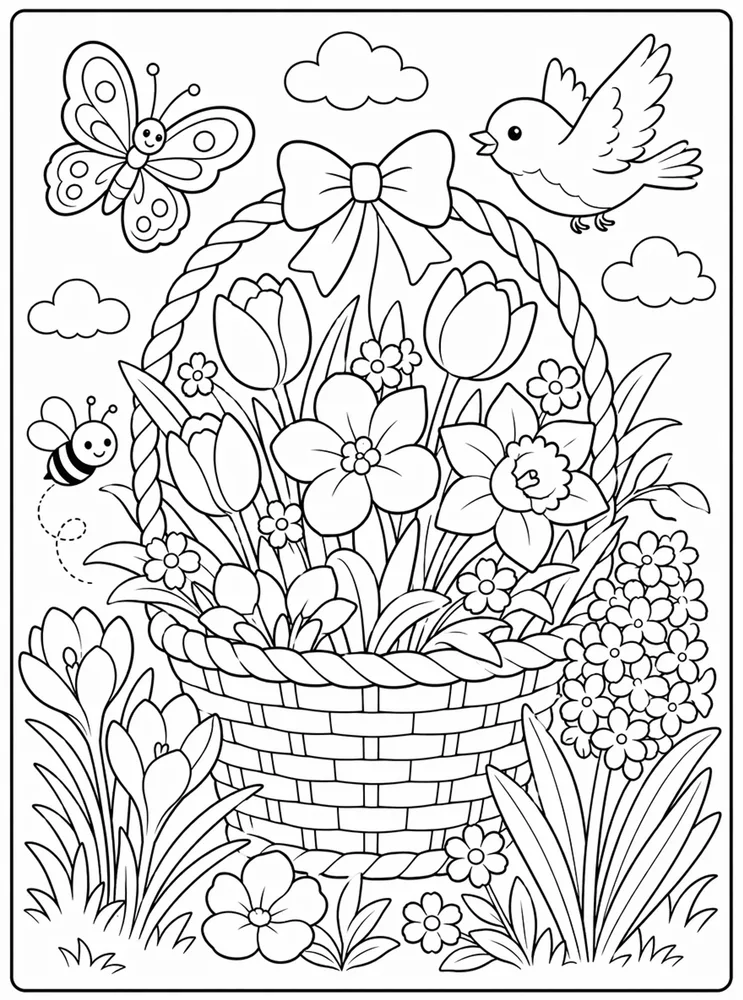 Spring Flower Basket Blooms coloring page