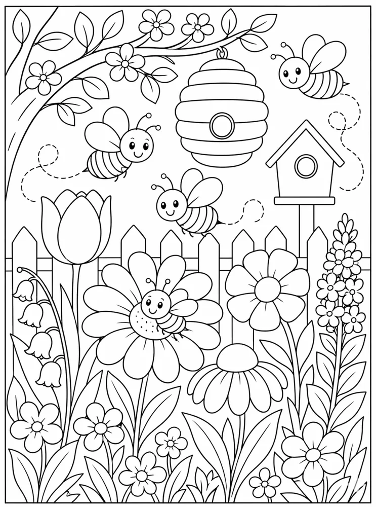 Spring Flower Bee Garden coloring page