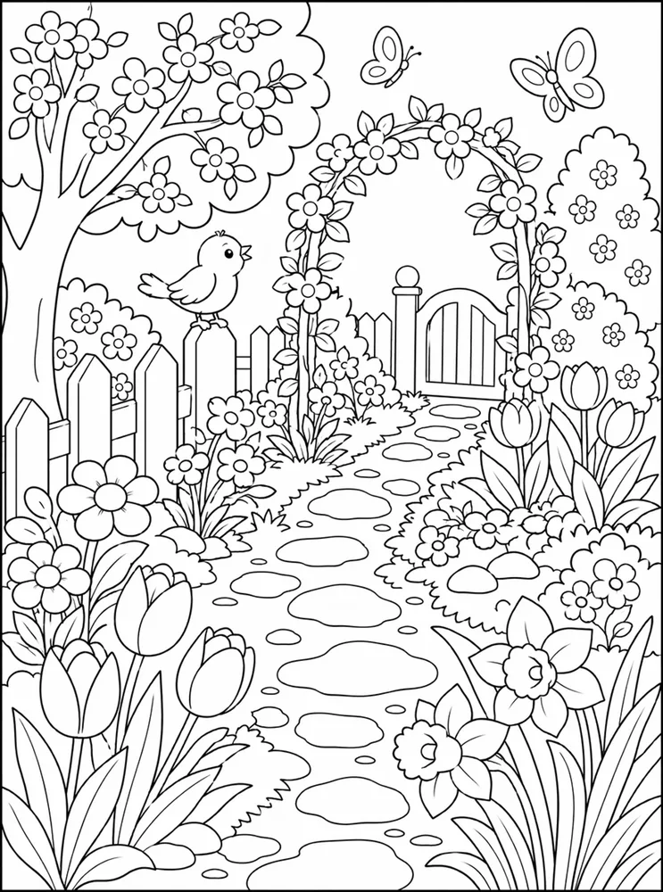 Spring flower path printable coloring page with garden scene