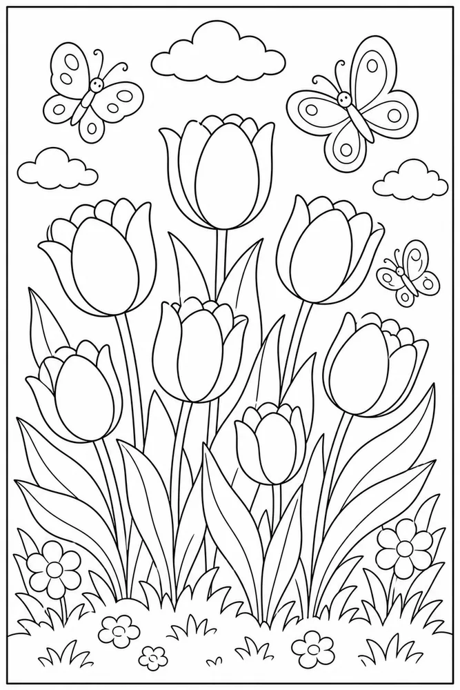 Spring Flower Coloring Pages preview: Spring Flower Spring Tulips coloring page