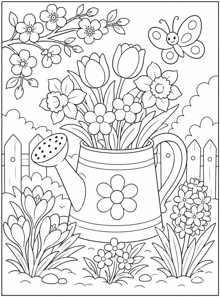 Spring Flower Watering Can Spring coloring page