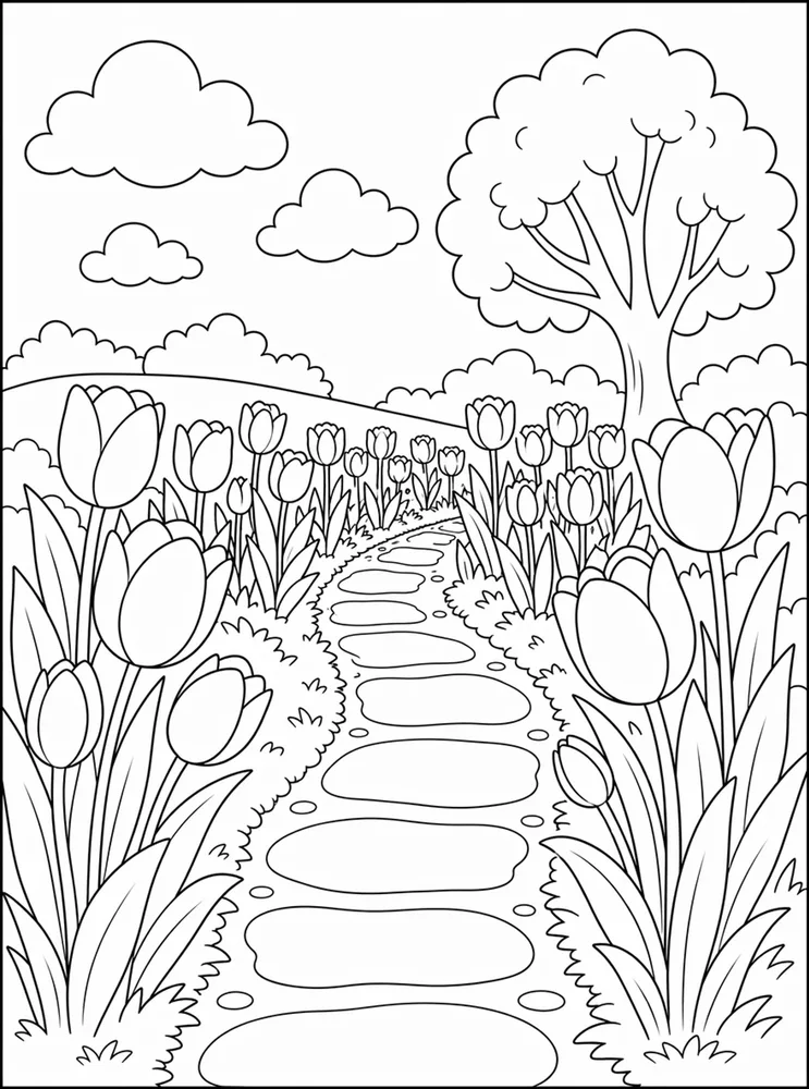 Tulip Flower Spring Tulip Path coloring page