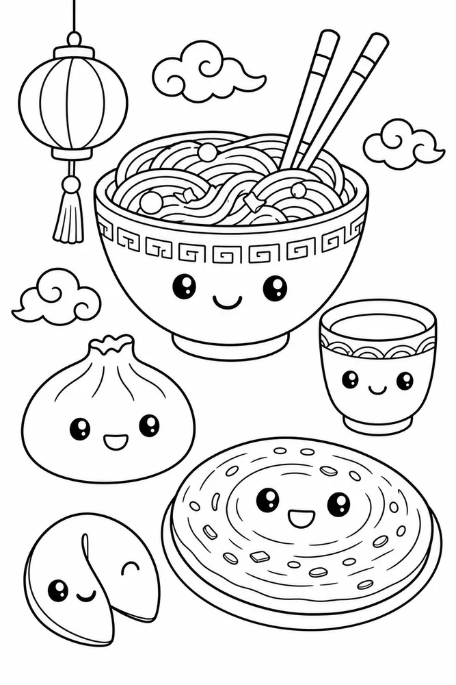 Chinese Food Chinese Food Cute Face Version coloring page