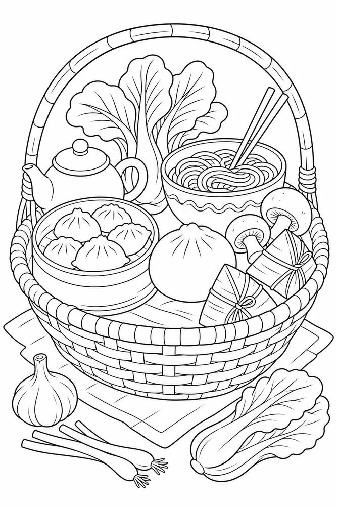 Chinese Food Coloring Pages preview: Chinese Food Chinese Food Market Basket coloring page