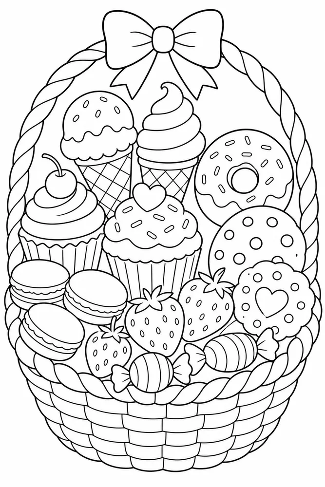 Dessert Coloring Pages preview: Dessert Food Dessert Market Basket coloring page