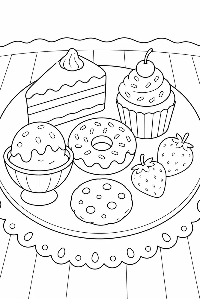Dessert Food Dessert Plate Arrangement coloring page