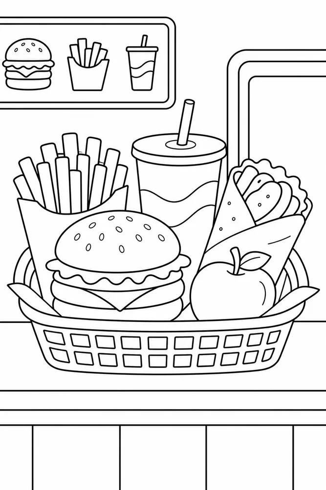 Fast Food Coloring Pages preview: Fast Food Fast Food Market Basket coloring page