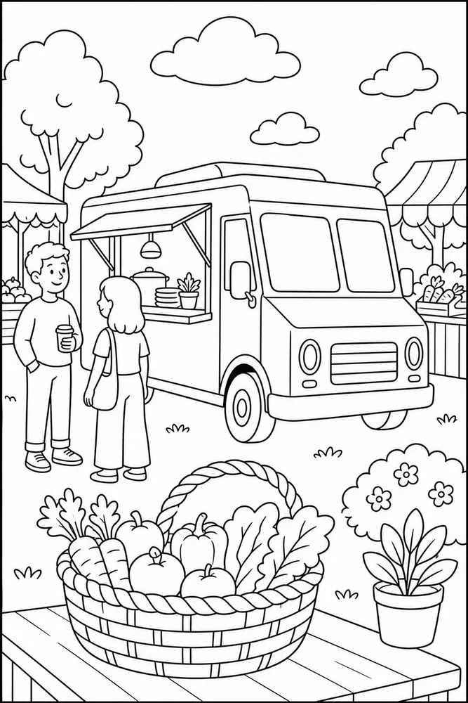 Food Truck Coloring Pages preview: Food Truck Food Truck Market Basket coloring page
