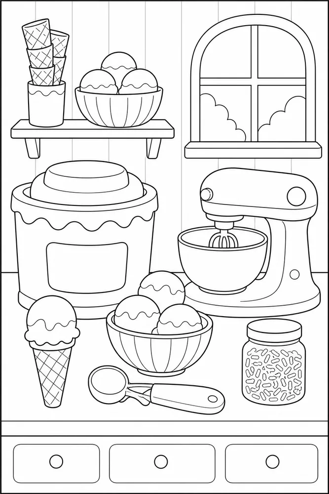 Ice Cream Food Ice Cream Kitchen Counter coloring page