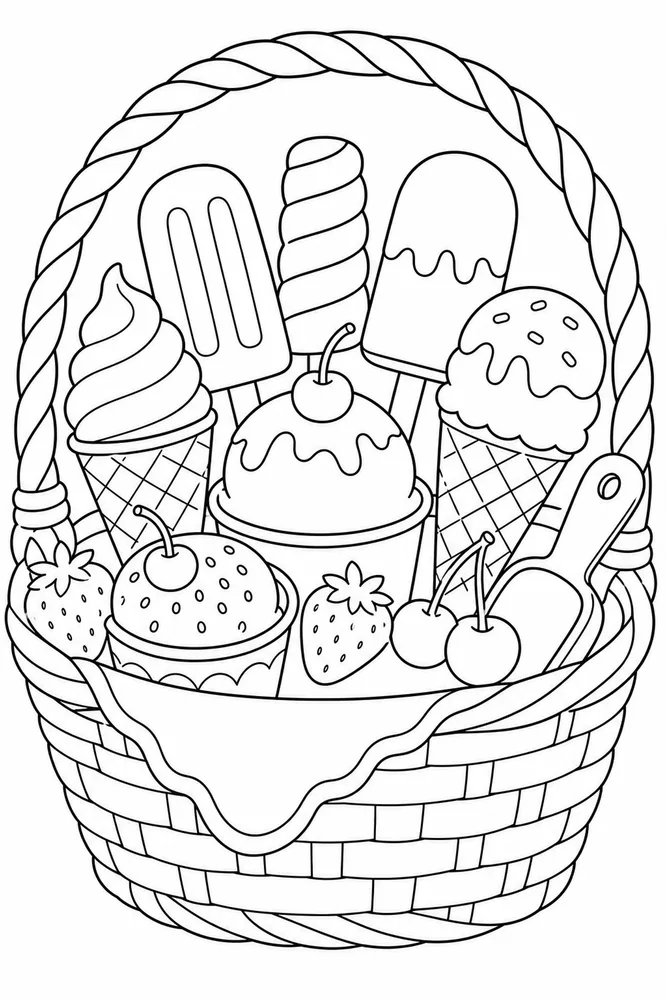 Ice Cream Coloring Pages preview: Ice Cream Food Ice Cream Market Basket coloring page