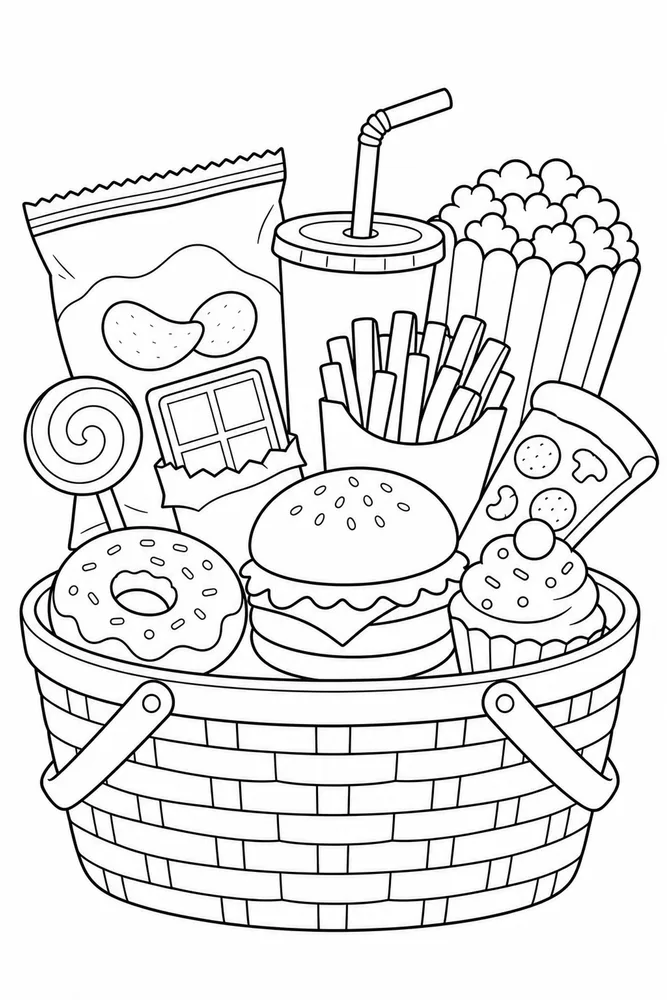 Junk Food Coloring Pages preview: Junk Food Junk Food Market Basket coloring page