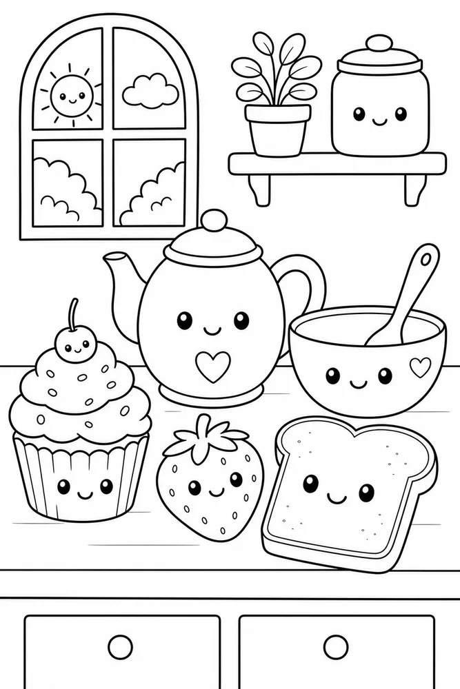 Kawaii Food Kawaii Food Kitchen Counter coloring page